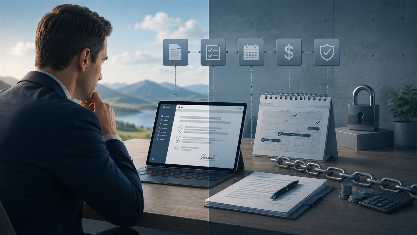 En person gennemgår en aftale på en laptop ved siden af en kalender, en hængelås, en kæde og mønter, der symboliserer bindingsperiode og løbende betaling