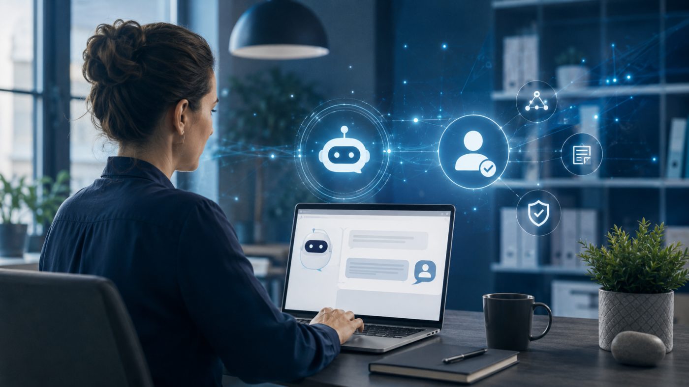 Woman at a laptop with an AI chatbot conversation on screen and icons connecting a chatbot and a verified user