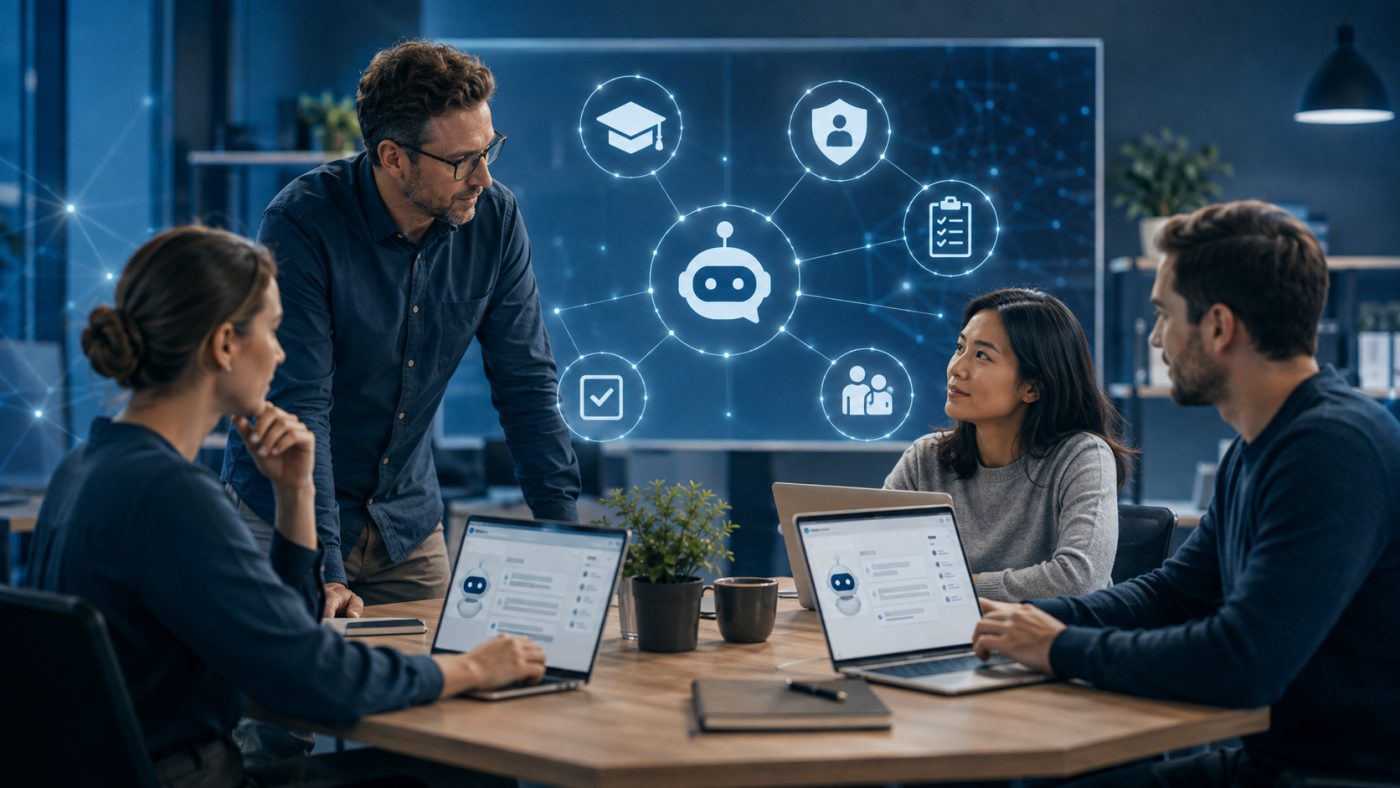 Team around a table with laptops and AI chatbots, in front of a screen with icons for training, data protection and guidelines