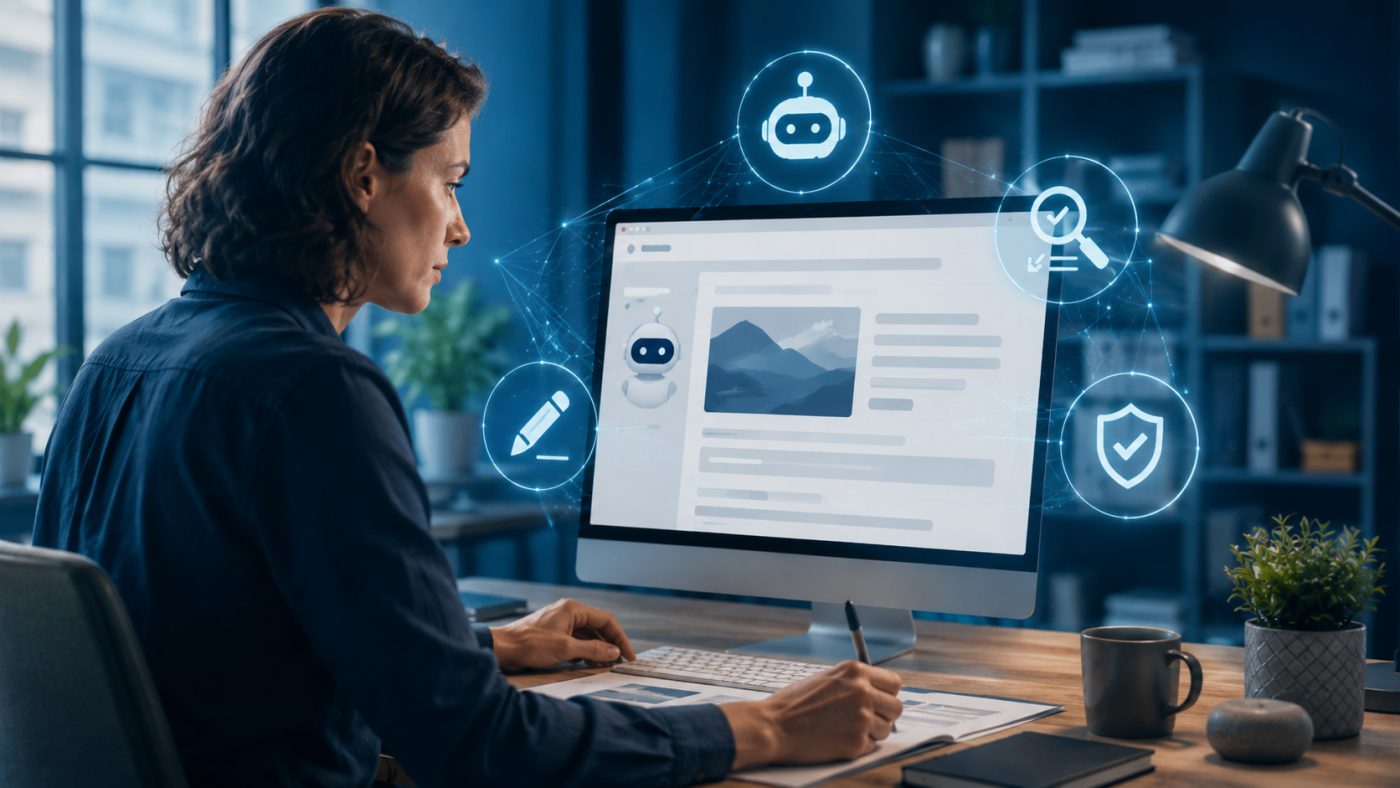 Person reviewing an AI-generated article on screen and editing by hand, with icons for editing, fact-checking and security