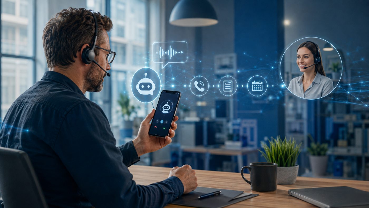 Person with a headset in an AI phone call on a mobile, where the call is passed through AI to a human employee