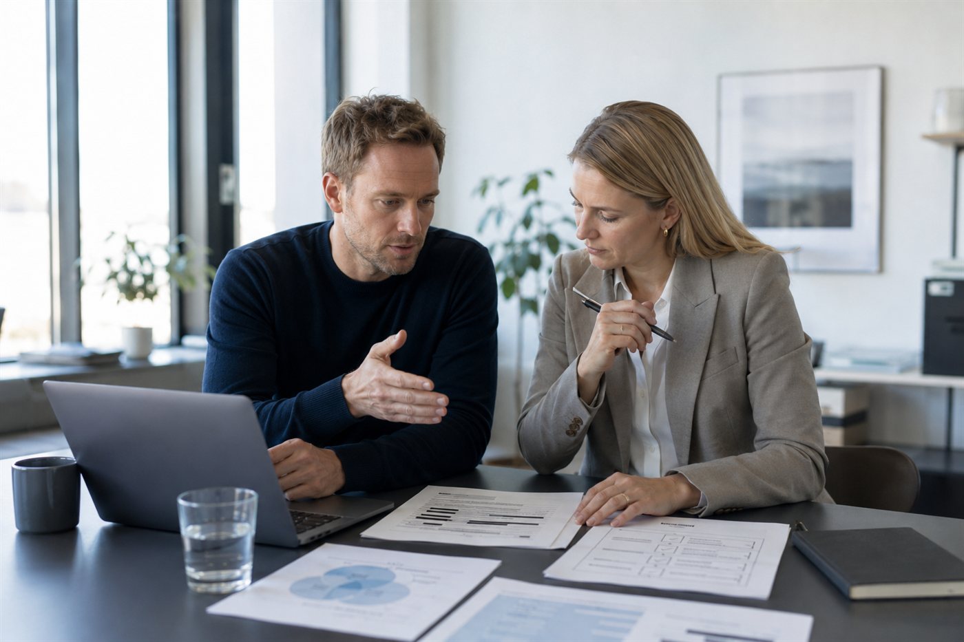 Konsulent og kunde vurderer data og grafer på bordet under et rådgivningsmøde