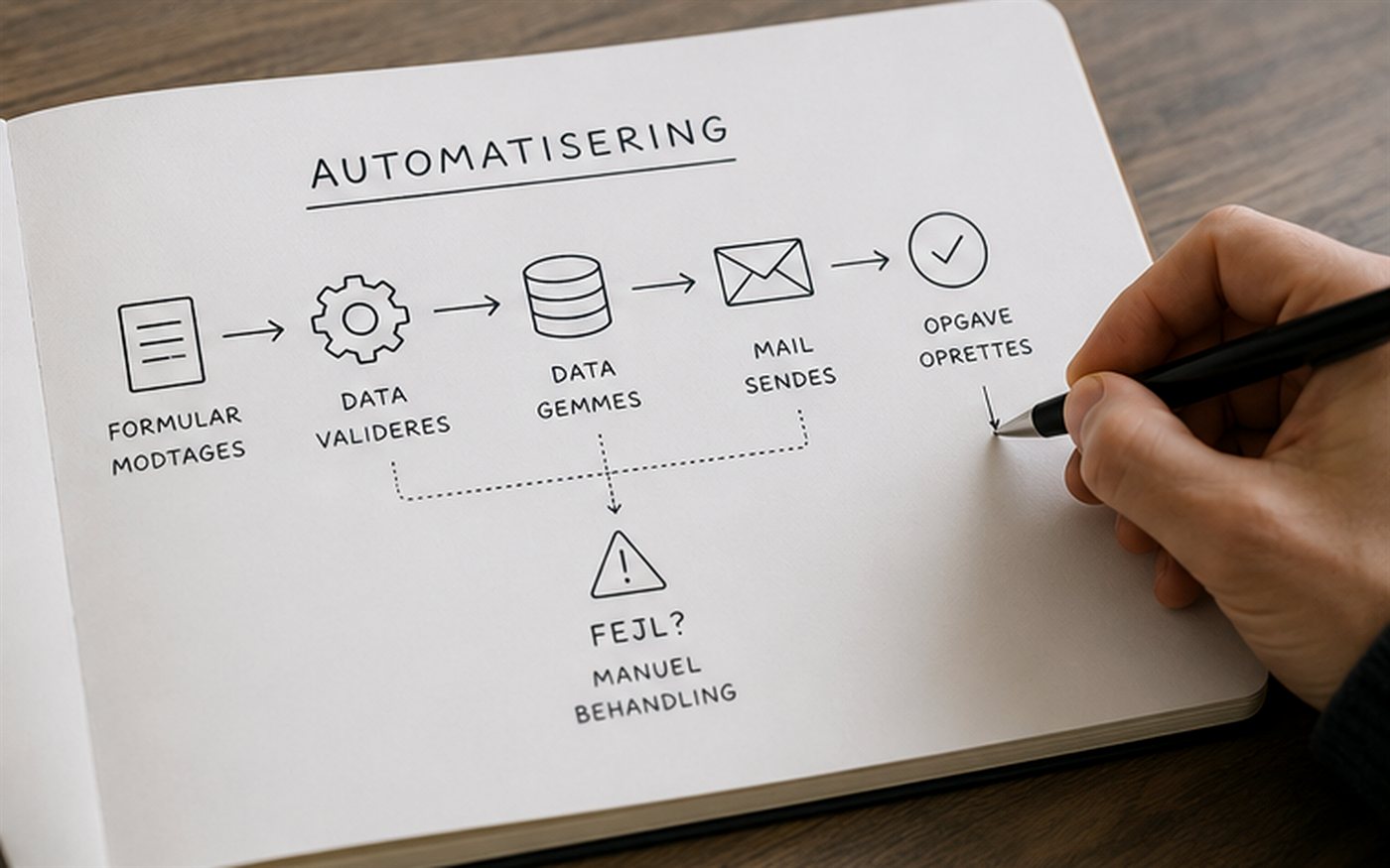 Hand-drawn diagram of an automation: a form is received, data is validated, data is saved, a mail is sent, and a task is created, with a branch to manual handling on errors
