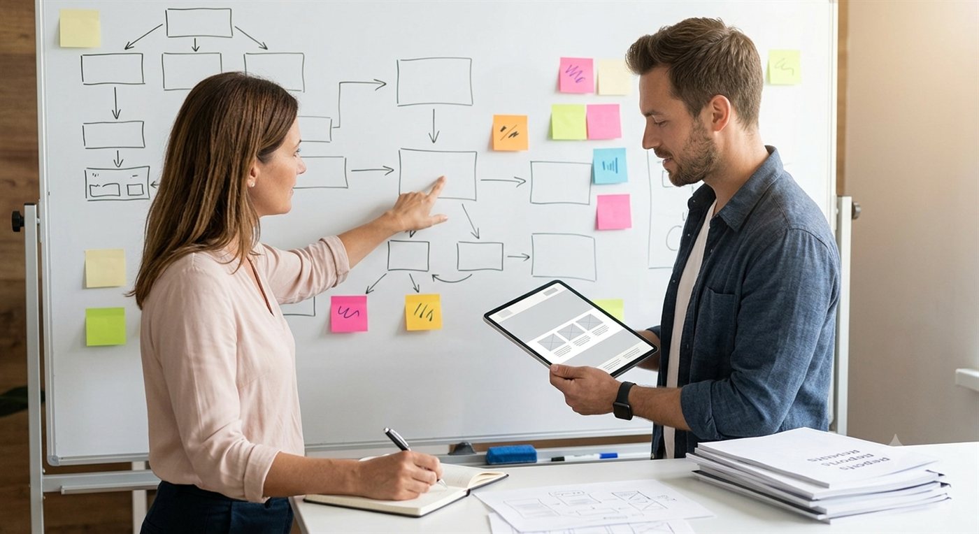 Two people mapping a workflow on a whiteboard with a flow diagram and sticky notes, while one holds a tablet
