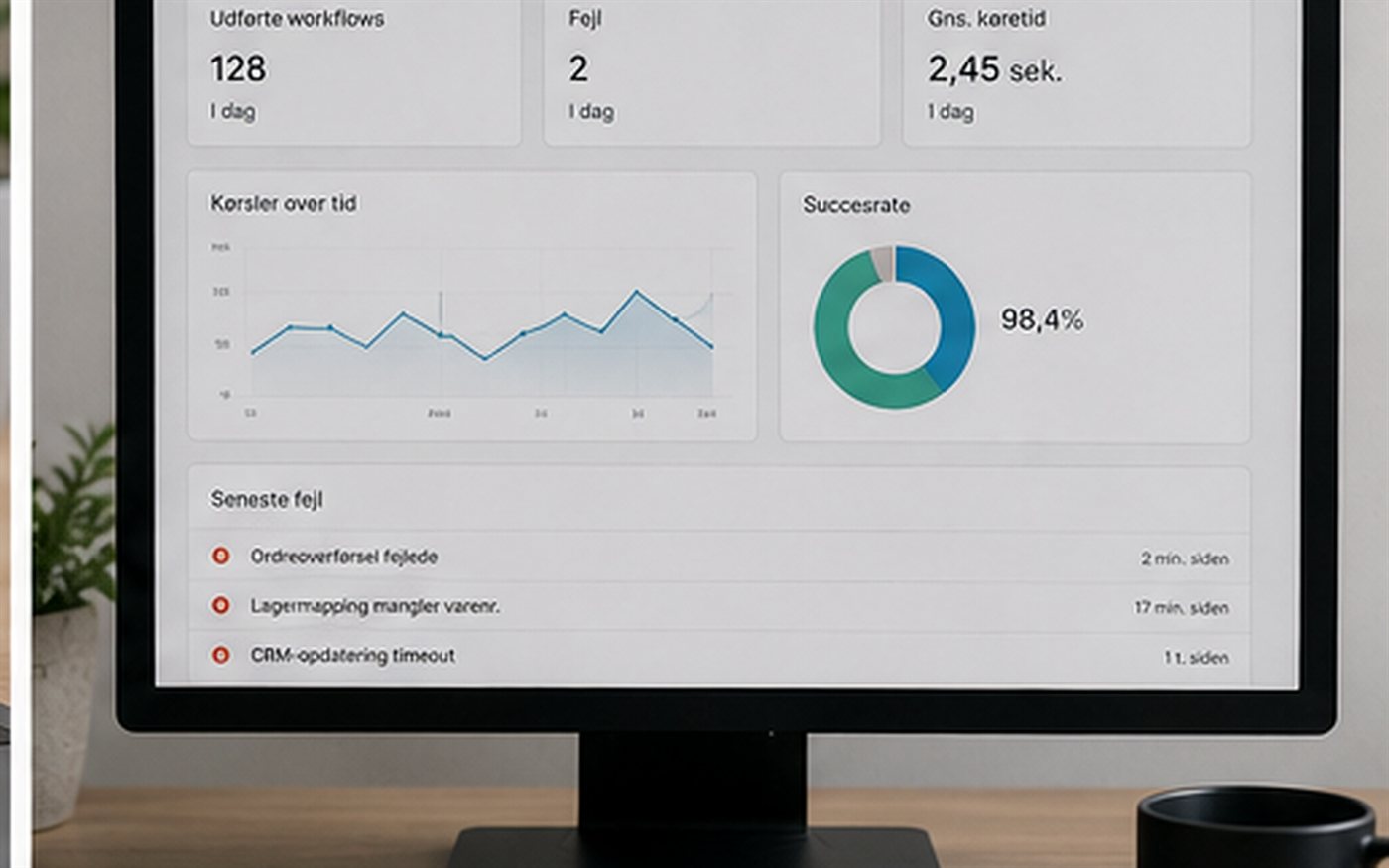 A dashboard with the number of completed workflows, errors, average run time, success rate, and a list of the latest errors
