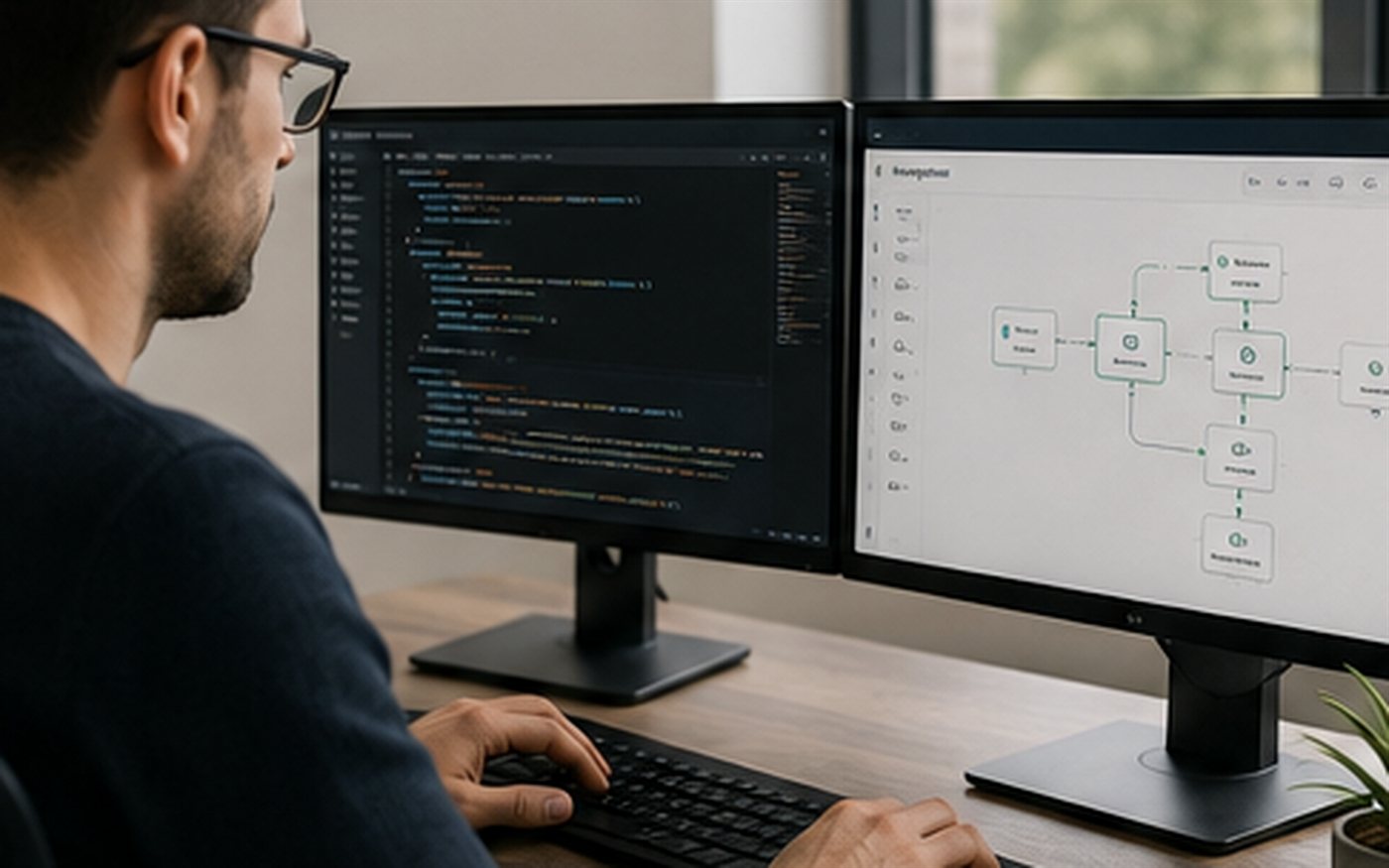 A developer at two screens with code on one and a visual workflow diagram on the other