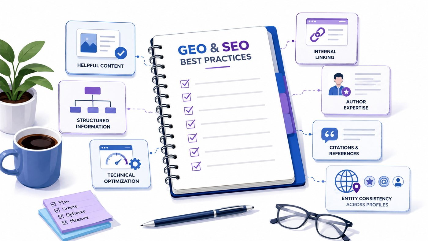 Oversigt over best practice for SEO og GEO: hjælpsomt indhold, struktureret information, teknisk optimering, interne links, forfatterekspertise, kildehenvisninger og konsistente virksomhedsoplysninger