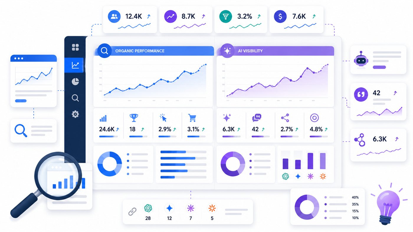Dashboard der viser organisk performance side om side med AI-synlighed, med trafik, klik, konverteringer, brandomtaler og kildecitater
