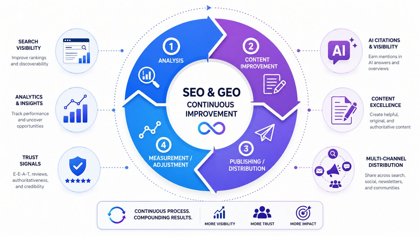 Cirkeldiagram over en løbende SEO- og GEO-proces med fire faser: analyse, forbedring af indhold, publicering og måling, der gentages