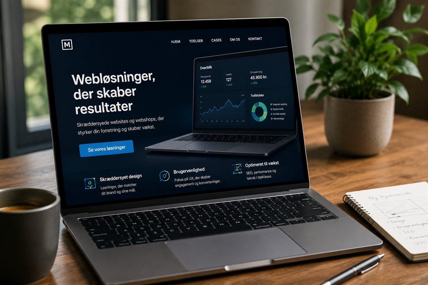 Professionel virksomhedshjemmeside vist på en bærbar computer på et skrivebord ved siden af en notesbog med overskriften Ny hjemmeside