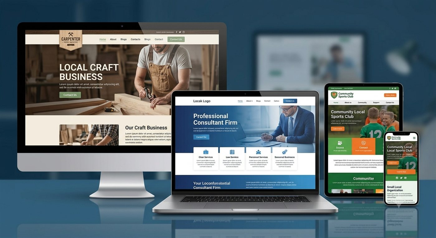 Website-eksempler til forskellige virksomhedstyper vist på skærm, laptop, tablet og telefon: en håndværksvirksomhed, en konsulentvirksomhed og en lokal forening