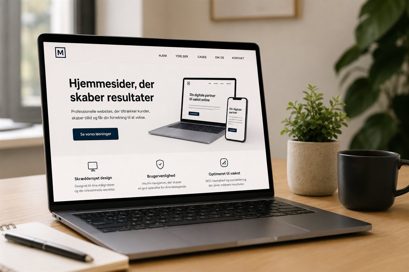 Responsiv hjemmeside vist på både bærbar computer og telefon på et skrivebord