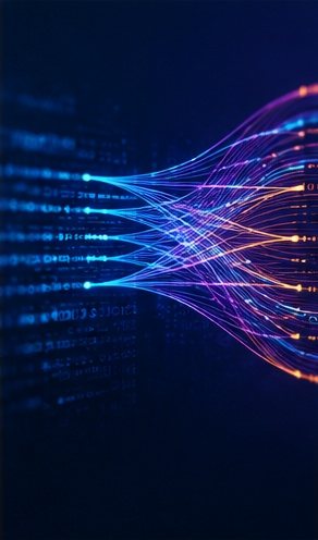 Data streams gathering and flowing from left to right as glowing lines