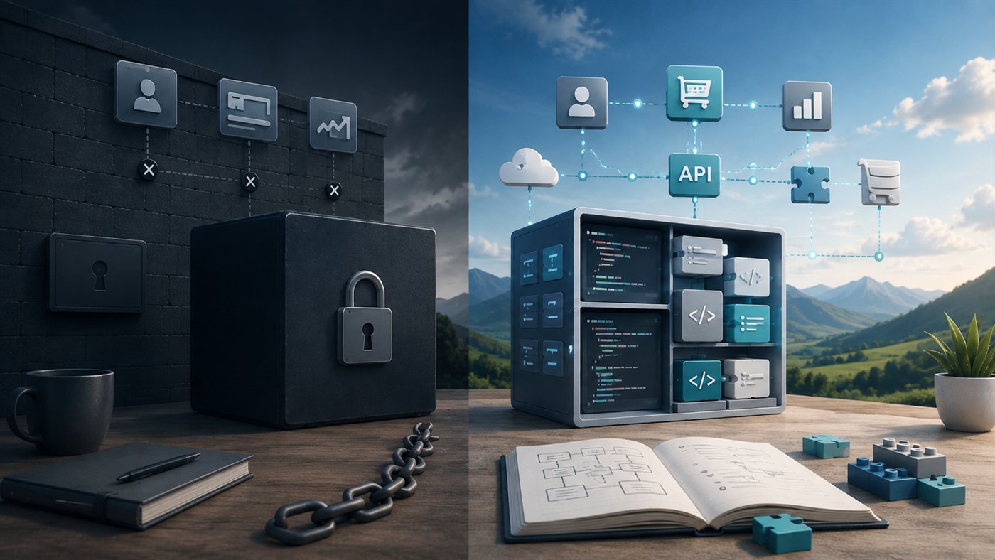 Two sides: on the left systems standing isolated behind a lock, on the right the same systems connected via an API with data flowing between them