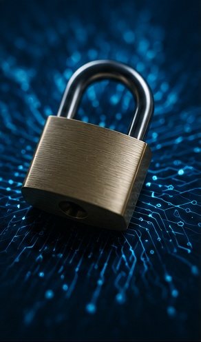 A padlock placed on top of a glowing circuit pattern