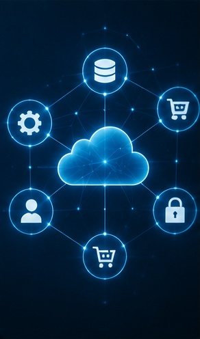 Diagram of a cloud connected to icons for database, settings, user, webshop, and security