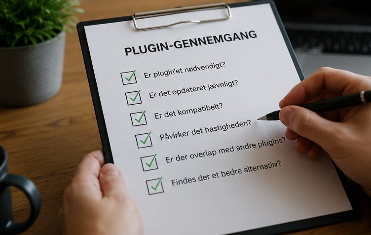 En tjekliste med overskriften Plugin-gennemgang og seks spørgsmål med grønne flueben