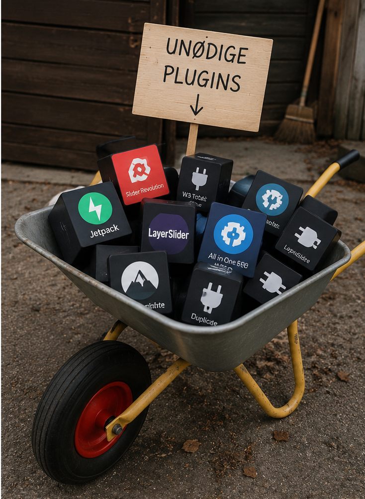 En trillebør fyldt med plugin-ikoner under et skilt med teksten Unødige plugins