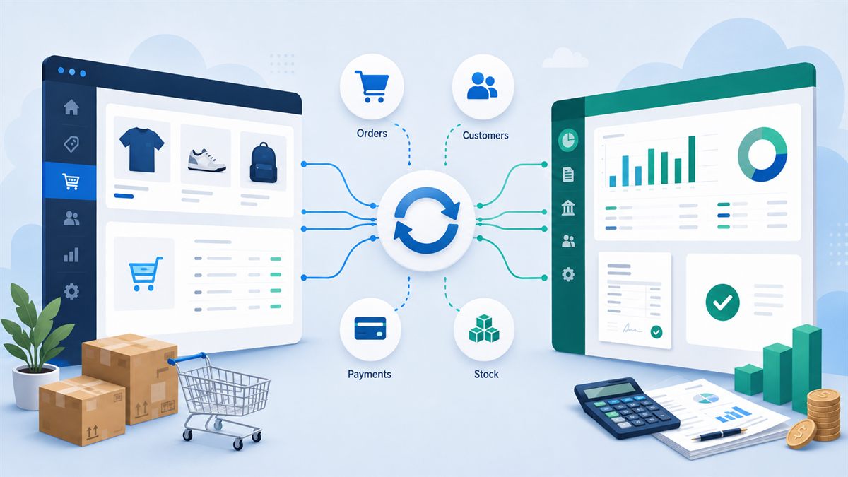 Diagram hvor ordrer, kunder, betalinger og lager synkroniseres mellem webshop og økonomisystem
