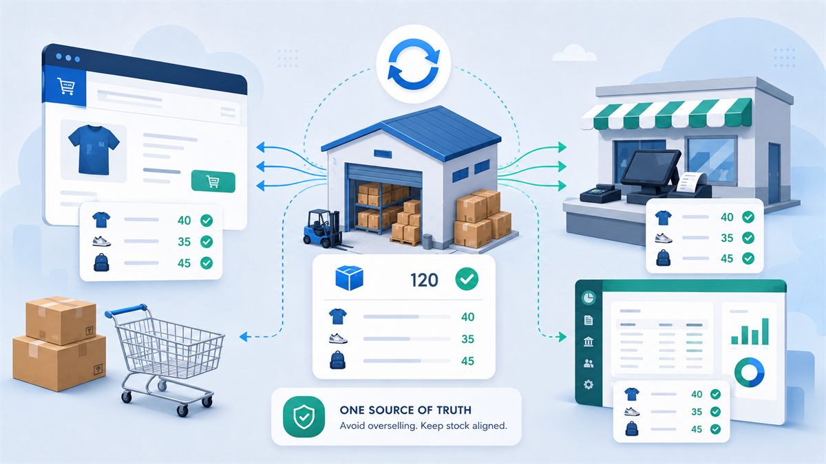 Diagram med et centralt lager som fælles kilde til webshop, fysisk butik og økonomisystem