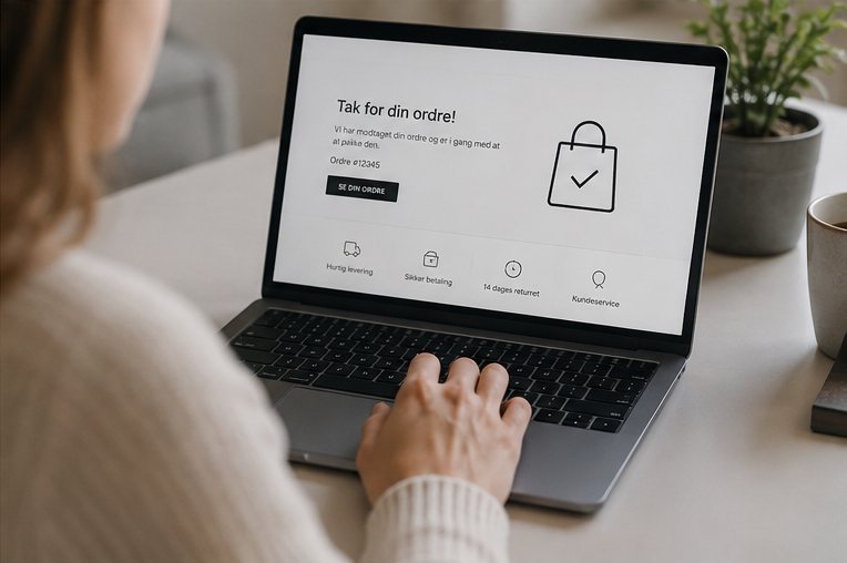 Ordrebekræftelse på en webshop med teksten Tak for din ordre og ikoner for hurtig levering, sikker betaling, returret og kundeservice