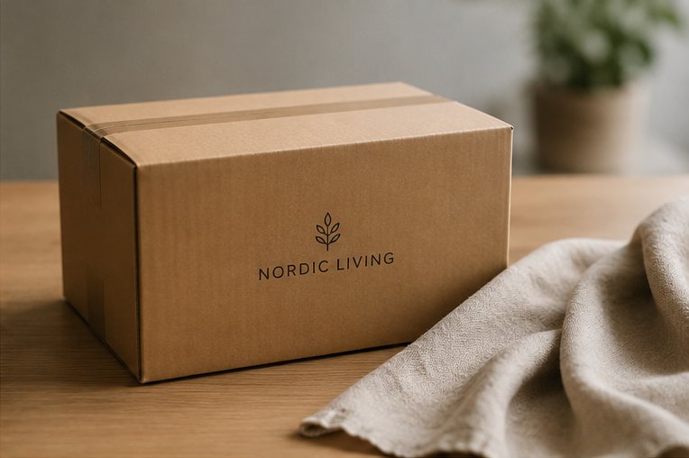 Pakket ordre i en papkasse med webshoppens logo klar til afsendelse på et bord med tekstil