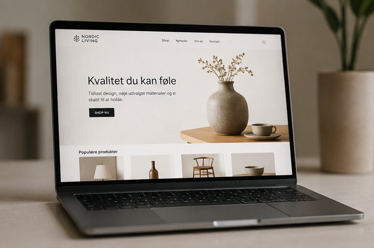 Professionel webshop vist på en bærbar computer med forsiden Kvalitet du kan føle, en Shop nu-knap og populære produkter