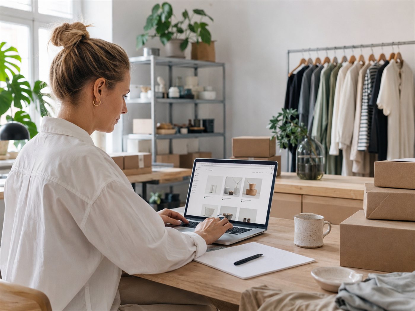 Butiksejer opdaterer produkter og lager i webshoppens administration på en bærbar computer omgivet af pakkede ordrer