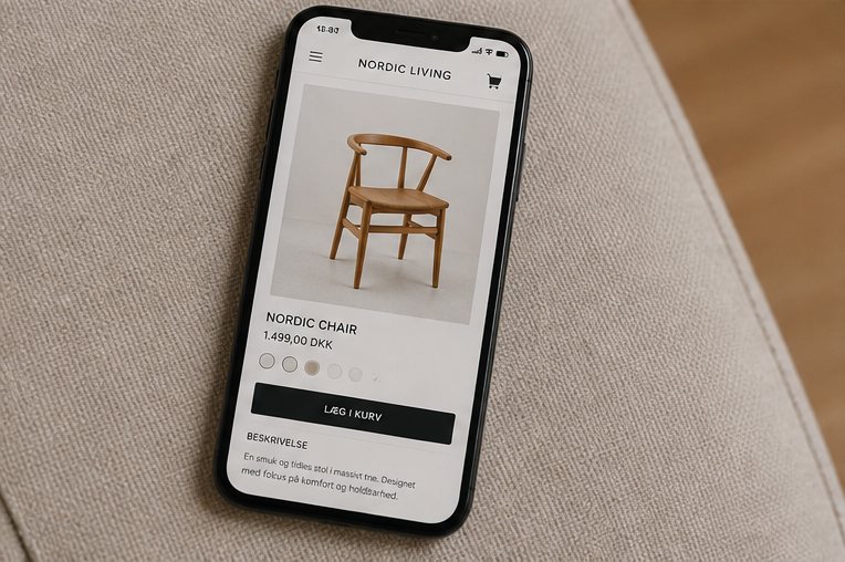 Webshop vist på en mobiltelefon med en produktside, pris i kroner og en Læg i kurv-knap