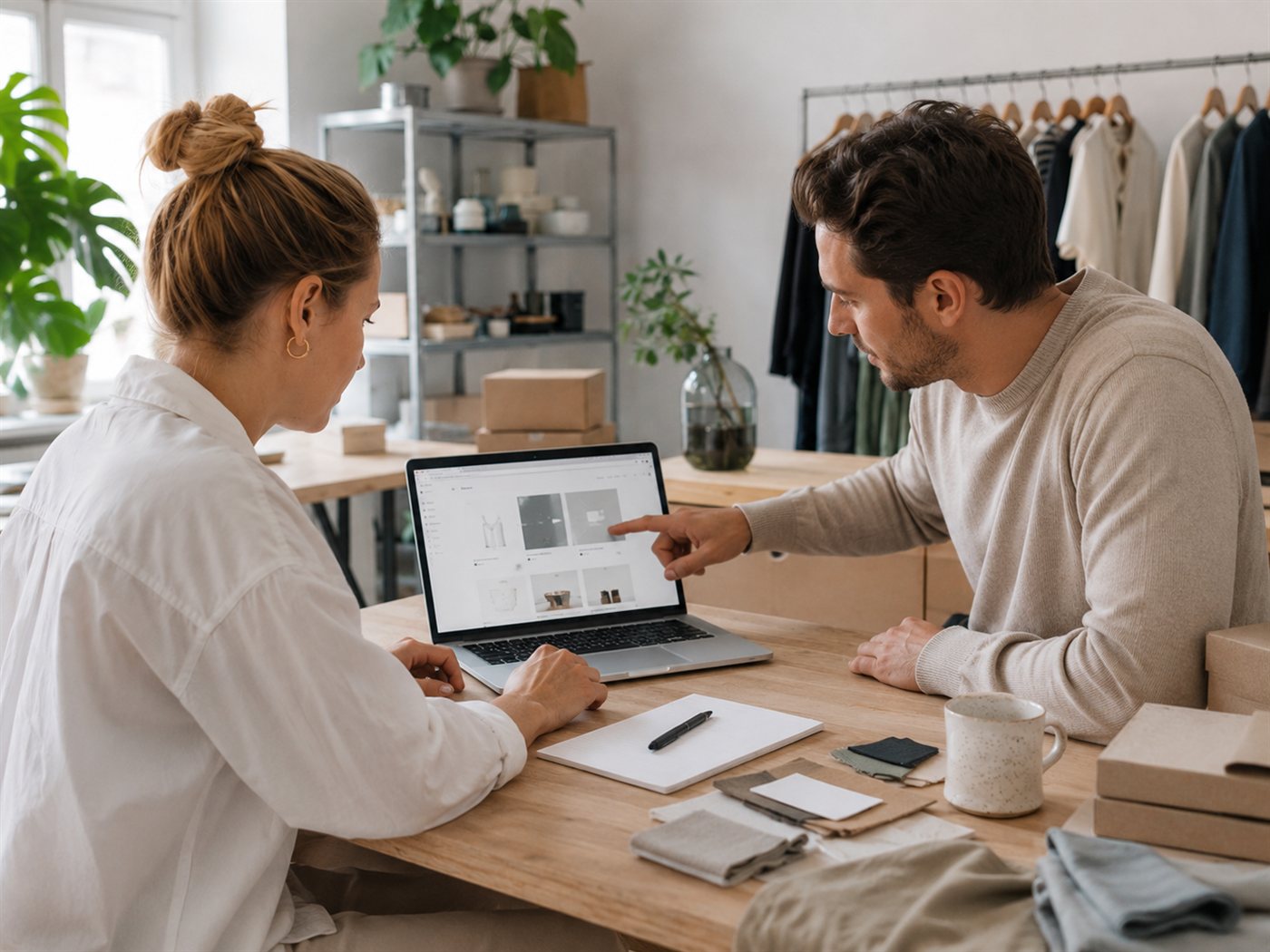 Digital konsulent og butiksejer gennemgår webshoppens produktsider på en bærbar computer i et butiksmiljø