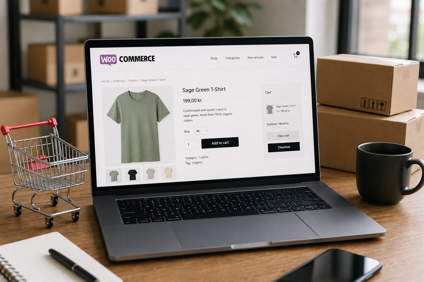 WooCommerce-produktside med kurvopsummering og checkout-knap på en bærbar omgivet af forsendelseskasser