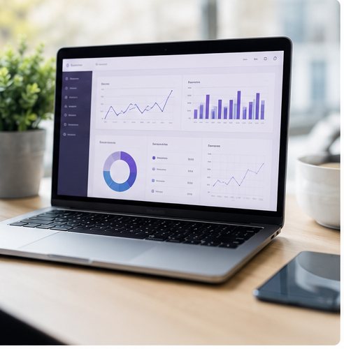 Bærbar med et analyse-dashboard med graf- og cirkeldiagrammer