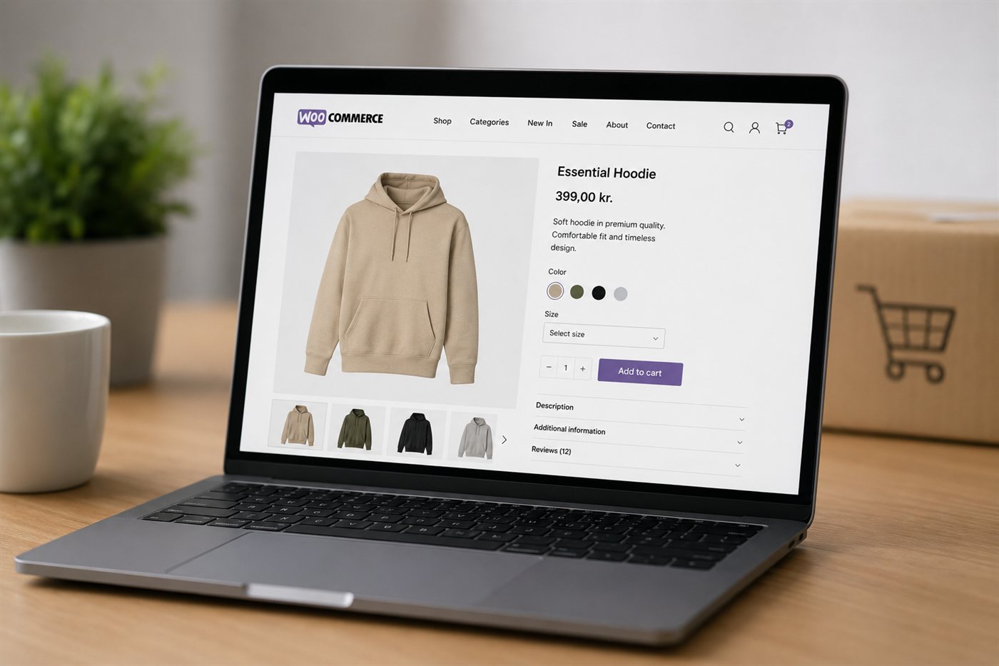 WooCommerce-produktside for en hoodie åben på en bærbar med farve- og størrelsesvalg og Add to cart