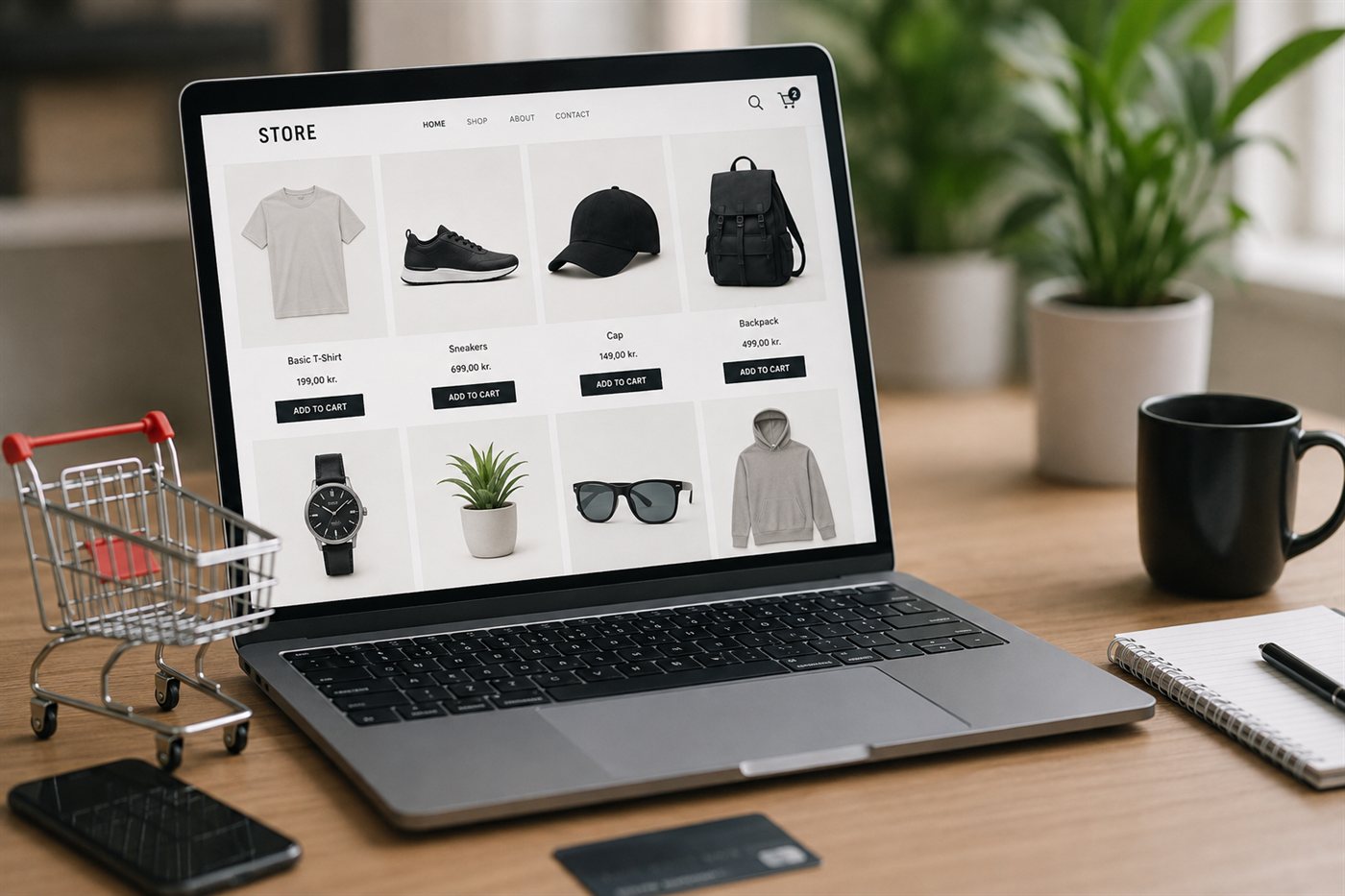 Webshop-produktoversigt med otte varer og Add to cart-knapper på en bærbar