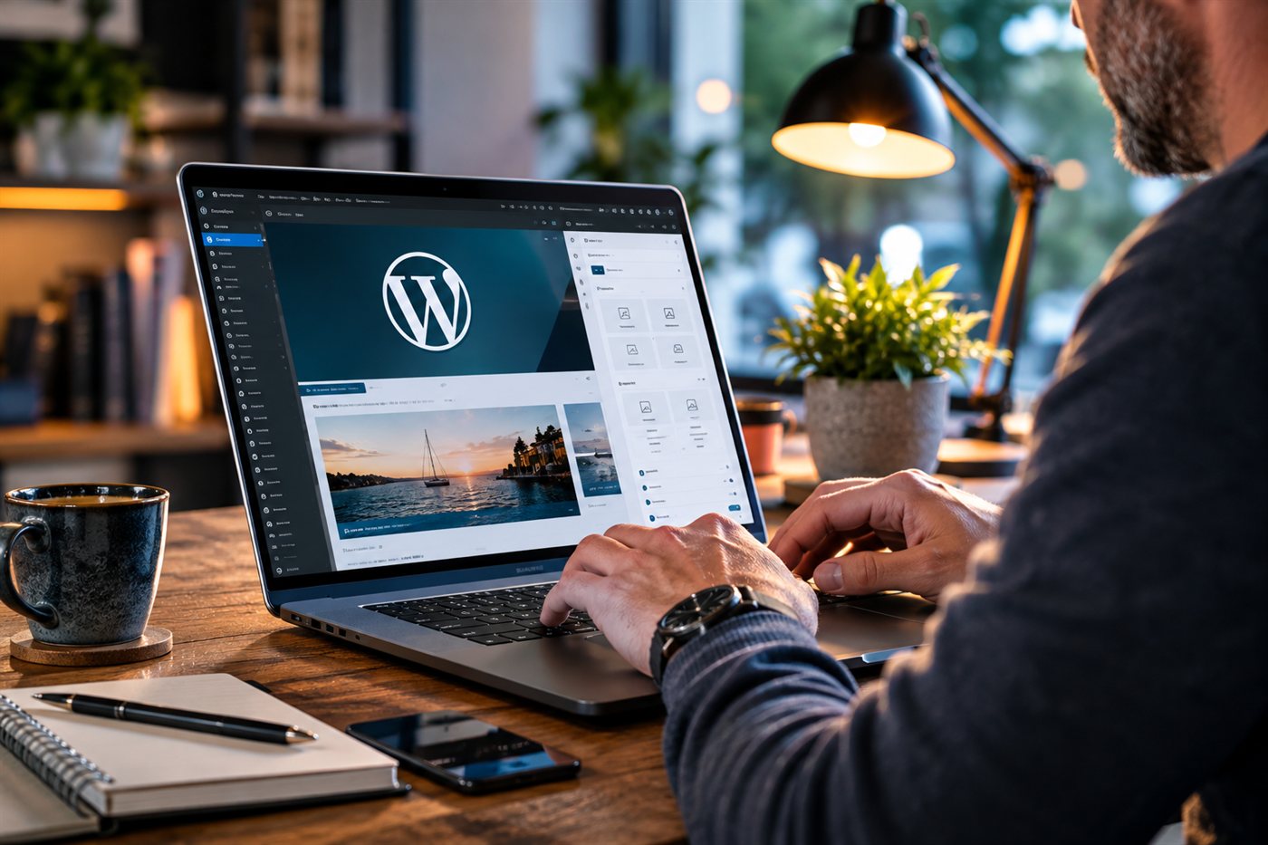 Person redigerer indhold i WordPress-blokeditoren med mediebibliotek på en bærbar