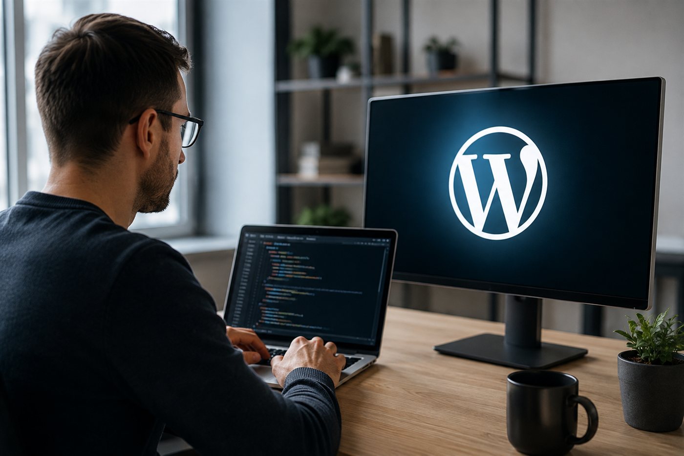 Udvikler med briller sidder ved et skrivebord og koder på en bærbar ved siden af en skærm med WordPress-logoet