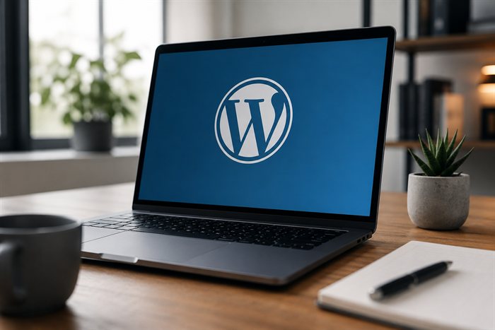 Bærbar med WordPress-logoet på en blå skærm