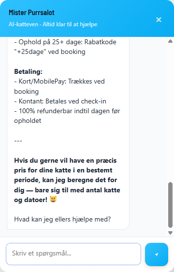 AI-chatten besvarer praktiske spørgsmål om booking, fremvisning og ophold døgnet rundt.