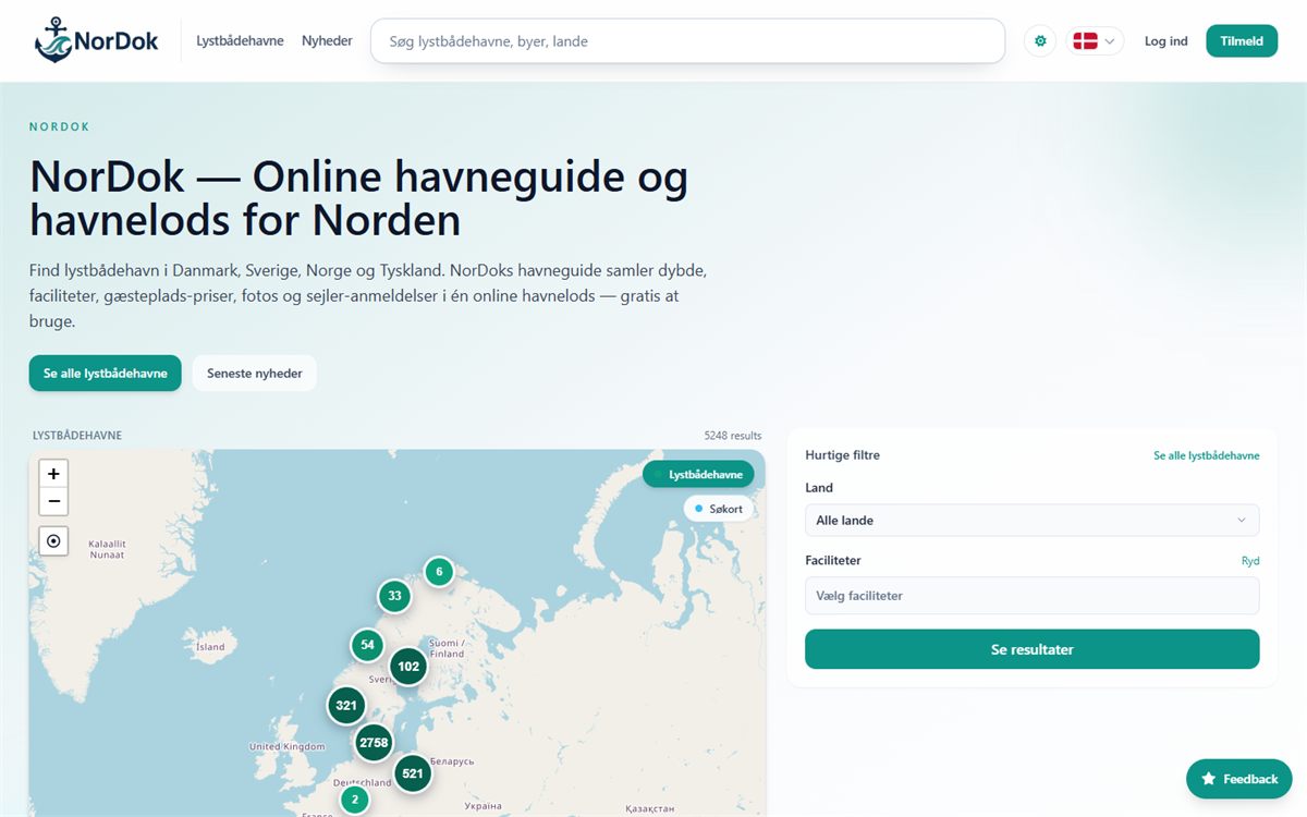 Forsiden: søgning og et interaktivt kort over mere end 5.300 havne.