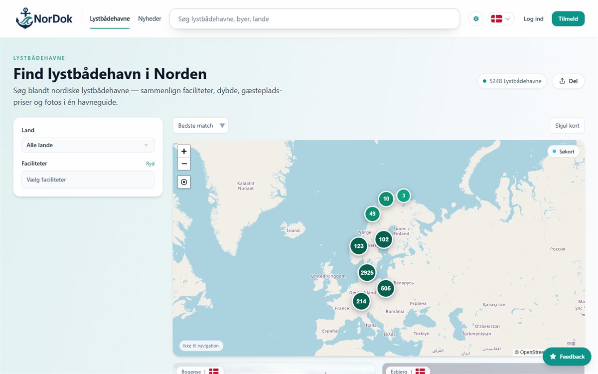 Geografisk søgning med clustering, hurtige filtre og søkortdata fra OpenSeaMap.