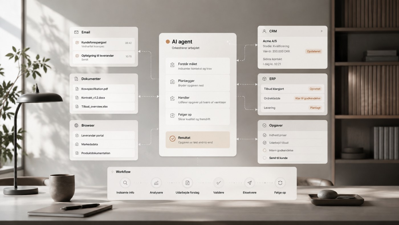 Diagram hvor en AI-agent orkestrerer arbejdet mellem email, dokumenter og browser til venstre og CRM, ERP og opgaver til højre, med trinnene forstår målet, planlægger, handler og følger op