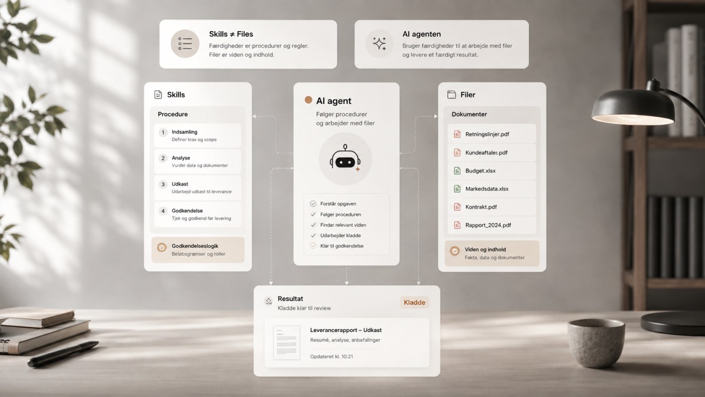 Diagram med Skills som en procedure i fire trin til venstre, en AI-agent i midten og en liste af dokumentfiler til højre, med noten Skills er ikke det samme som Files
