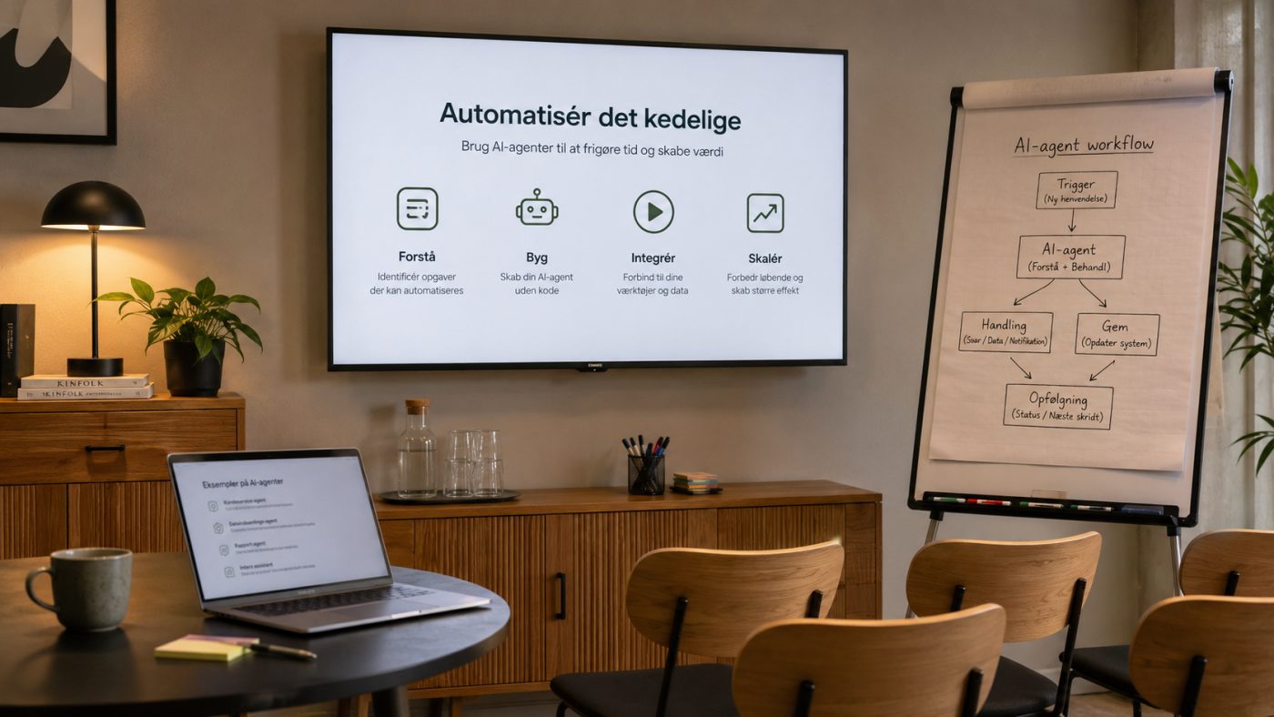 Præsentation om at automatisere det kedelige med AI-agenter og en flipover med et tegnet AI-agent-workflow
