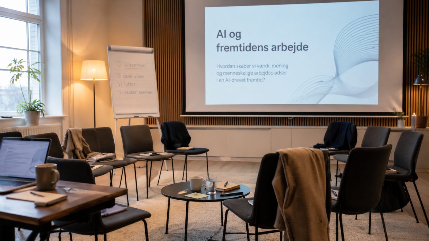 Workshoplokale klar til et foredrag om AI og fremtidens arbejde, med flipover og en velkomsthilsen