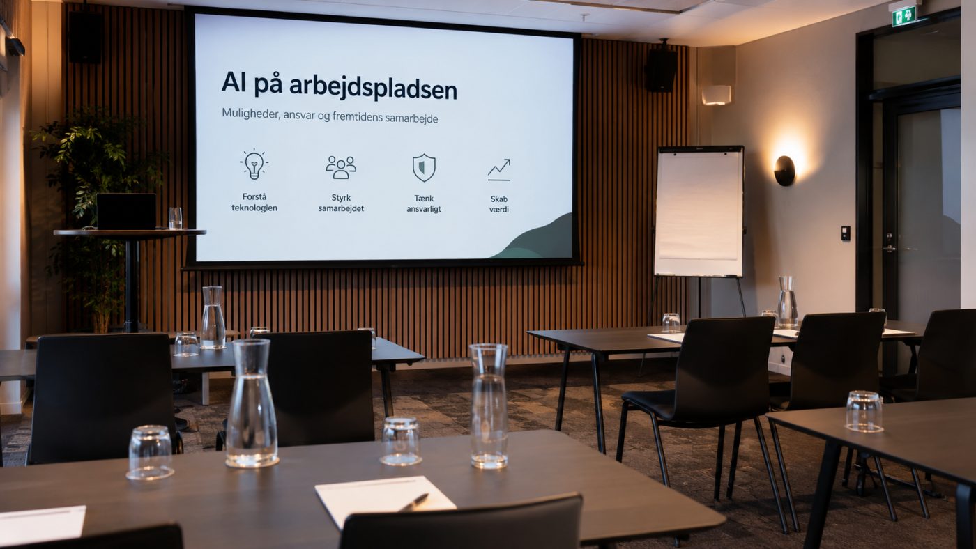 Konferencelokale klar til et foredrag om AI på arbejdspladsen, med borde, vand og en præsentation på skærmen