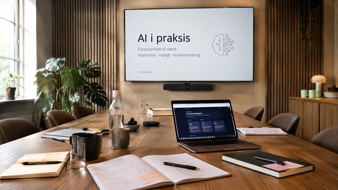 Mødelokale med en præsentation om “AI i praksis – fra potentiale til værdi” og en bærbar computer på bordet