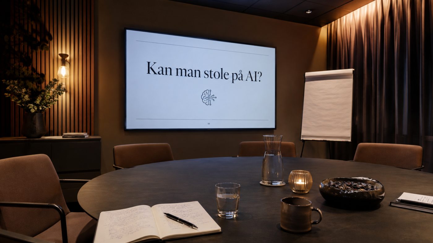 Stemningsfuldt mødelokale med en præsentation, der stiller spørgsmålet “Kan man stole på AI?”