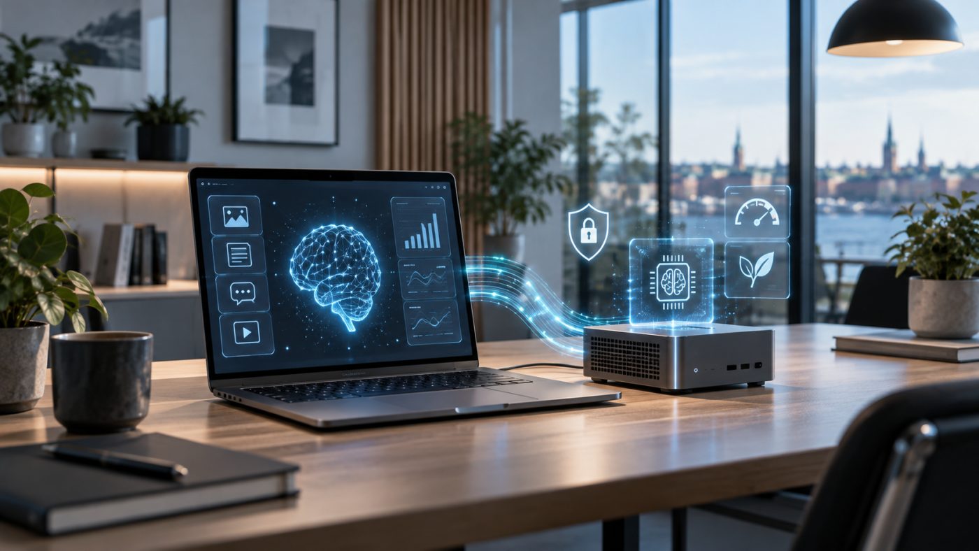 Bærbar computer på et skrivebord forbundet til en lille sølvfarvet servercomputer, med ikoner for hængelås, ydelse og energiforbrug svævende over den