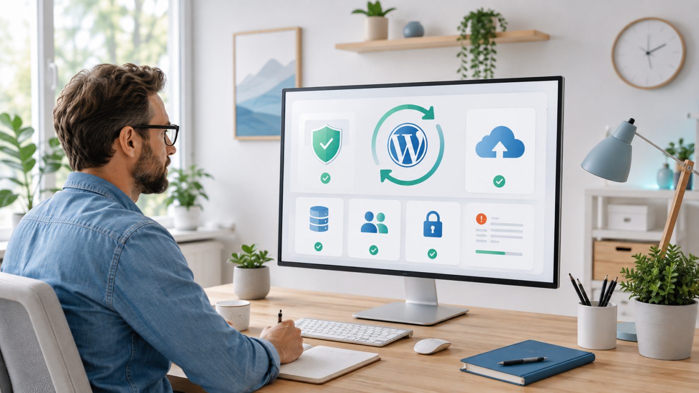 Person gennemgår et WordPress-driftsoverblik på en stor skærm med opdateringer, backup, brugere og sikkerhed markeret som kontrolleret