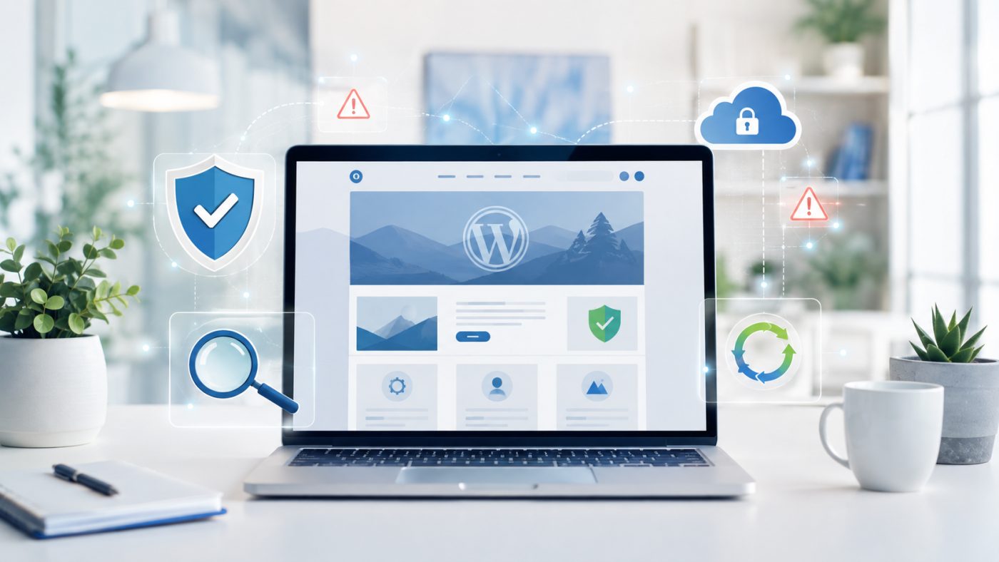 Bærbar computer med et WordPress-site omgivet af ikoner for sikkerhedstjek, backup, opdateringer og overvågning